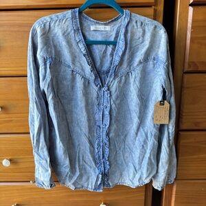 NWT Billy T Lyocell Long Sleeve Blouse Shirt with Ruffle Accents
